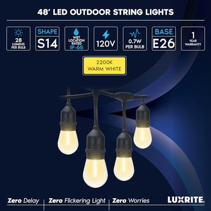 48FT LED Outdoor String Lights Commercial Grade Waterproof, 24 Edison S14 Shatterproof Bulbs, Hanging Lights for Patio, IP65, Decorative Outside Lights for Backyard Garden Cafe Balcony