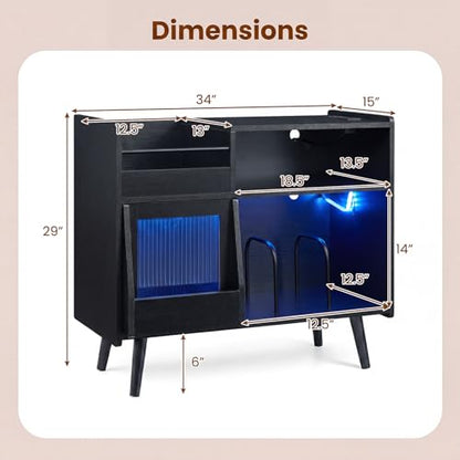 Large Record Player Stand with LED Light & Sliding Door, Black, view 4