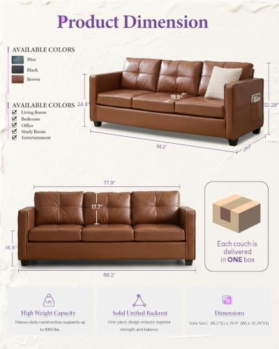 88" Brown Faux Leather Couch, 3 Seater Sofa with USB and Side Pockets