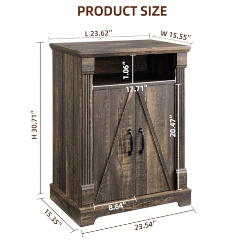 24" Farmhouse Storage Cabinet with Barn Doors, Dark Rustic Oak Freestanding Sideboard Buffet with Adjustable Shelf, Pantry Hutch Coffee Bar for Kitchen Bathroom Living Room - Small Floor Cabinet