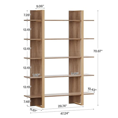 Tribesigns 5-Tier Bookshelf, Boho Bookcase, Morden Open Bookshelves with Metal Frame, 71" H x 12" D x 47" W, for Bedroom, Living Room, Home Office, Retro Oak, Beige
