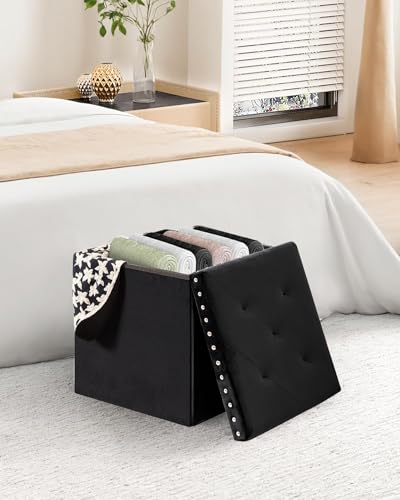 Storage-Ottoman Cube-Folding Tufted - Ottomans with Storage, Coffee Table Top Cover, Storage Boxes Footrest Stool for Bedroom, Luxury Velvet Fabric 15.7 Inches Black