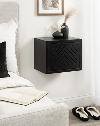 Mezzeta Modern Floating Shelf Side Table with Storage Cubby; 16 x 10 x 12; Black; Decorative Slatted Wood Floating Nightstand with Pull Down Door for Use as Bathroom Storage