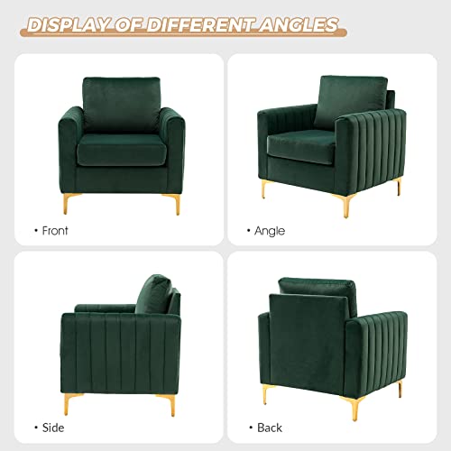 Velvet Accent Club Chair, Modern Velvet Armchair Upholstered Accent Club Sofa Chair with Gold Metal Legs Mid-Century Barrel Leisure Comfy Reading Armchair, Green