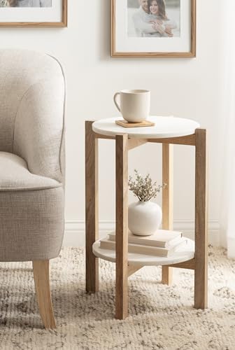 Moxley Transitional Round Side Table; 16 x 16 x 22; White Marble and Natural Wood; Tiered Pedestal Table with Authentic Marble Tabletops for Bedroom Nightstand or Indoor Plant Stand