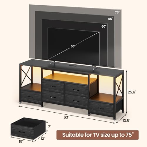 TV Stand for 75 Inch TV,Charcoal Black Wood Grain Print, view 3