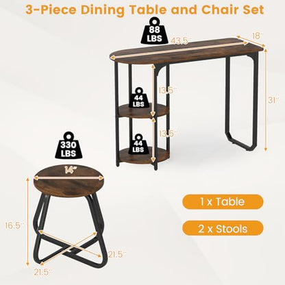 3-Piece Dining Table Set, Wooden Industrial Kitchen Table and 2 Stools with 2-Tier Storage Shelves and Metal Frame, Space Saving Dinette Set for Living Room, Breakfast Nook, Rustic Brown