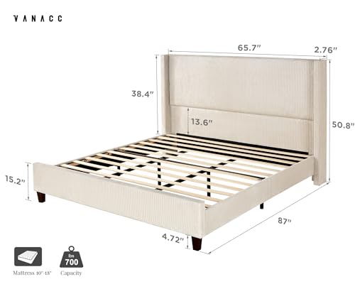 Queen Size Platform Bed Frame, 50.8" Corduroy Upholstered Bed with Vertical Channel Tufted Headboard/Wooden Slats/Wingback/No Box Spring Required/Beige