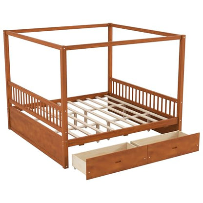 JIJIWANG King Canopy Bed with Storage Drawers & Four Poster Frame, Walnut, view 8