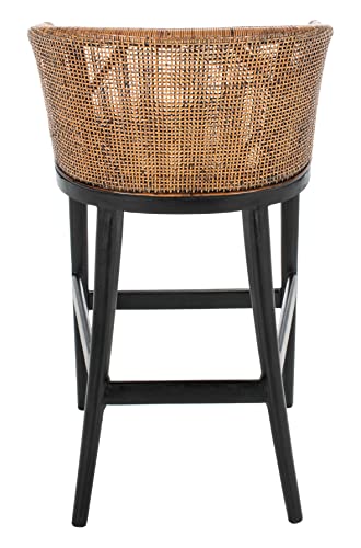 SAFAVIEH Furniture - Brando Rattan Bar Stool - Brown & Black - Solid Wood - Coastal Rattan-Back Design - Ideal for Kitchen, Bar Area, Dining Room (SEA4014D)