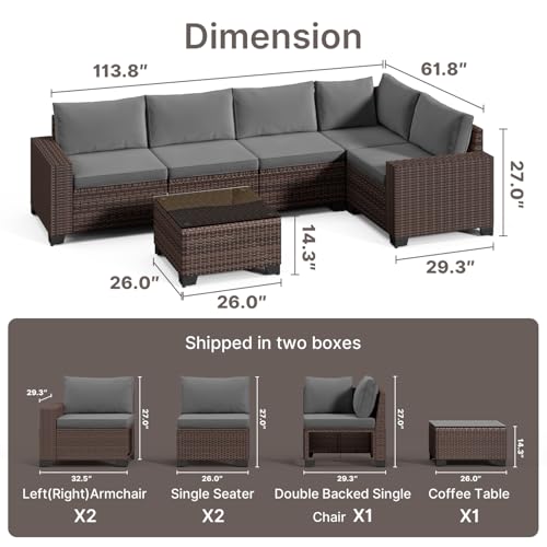 6-Piece Outdoor Patio Furniture Set, PE Wicker Rattan Sectional Sofa Conversation Set with Thickened Cushions and Coffee Table, All-Weather Patio Furniture for Garden, Backyard, Poolside, Grey