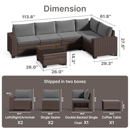 6-Piece Outdoor Patio Furniture Set, PE Wicker Rattan Sectional Sofa Conversation Set with Thickened Cushions and Coffee Table, All-Weather Patio Furniture for Garden, Backyard, Poolside, Grey