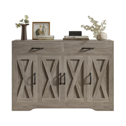 Sideboard Cabinet with Drawers, 47" W Sideboard Buffet Storage Cabinet with Storage for Kitchen, Farmhouse Coffee Bar Cabinets with Shlves and Doors for Hallway, Gray