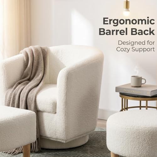 White Swivel Accent Chair with Ottoman, Modern Barrel Living Room Chair with 360° Swivel Base, Upholstered Armchair for Bedroom, Reading, Small Spaces