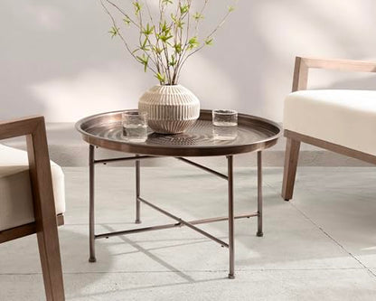 Mahdavi Modern Round Outdoor Coffee Table; 25 x 25 x 16; Bronze; Transitional Patio Coffee Table with Textured Top for Outdoor Furniture Decor