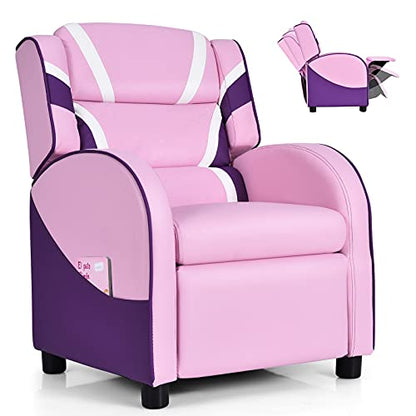 Kids Recliner, Gaming Recliner Chair w/Footrest, Headrest, Lumbar Support & Side Pockets, Ergonomic Leather Lounge Chair for Living & Gaming Room, Adjustable Recliner Sofa for Boys Girls, Pink