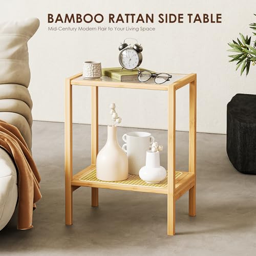 Side Table Nature Rattan Night Stand Glass End Table 2-Tier with Storage Boho Bedside Table for Small Spaces Bamboo Coffee Table for Bedroom Living Room