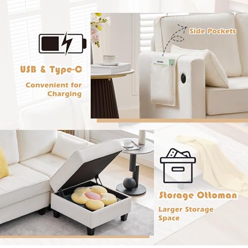 Small Sectional Couches with Storage, 80" L Shaped Sectional Couch with Chaise & Ottoman, Modular Corduroy Chenille Sofa with USB Ports&Pocket for Living Room Apartment Office (Chenille White)