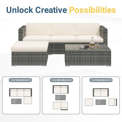 5 Piece Outdoor Patio Furniture Set, All Weather Wicker Rattan Sectional Sofa Conversation Set with Cushions & Glass Coffee Table, Ideal for Porch Garden Balcony Backyard, Beige