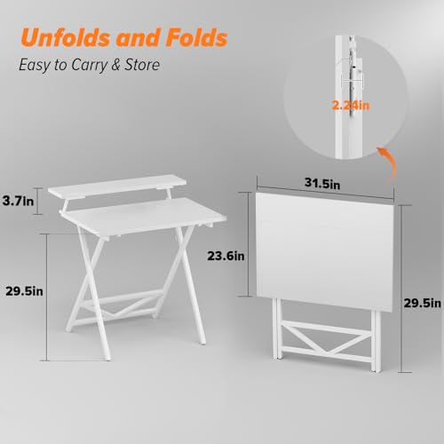Folding Computer Desk with Adjustable Height, 23.6" x 31.5" x 25.6" Foldable Table with Monitor Stand, Small Office Desk for Bedroom, Space Saving Desk for Home Office, Easy Assemble, White