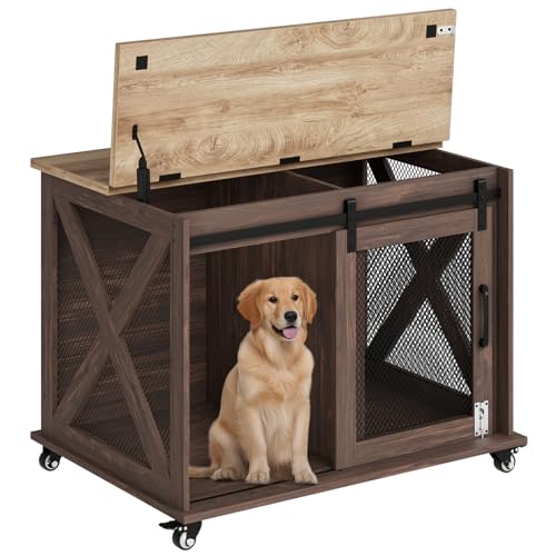 Modern Farmhouse Wooden Dog Crate Furniture with Sliding Barn Door, Turn Top, view 2