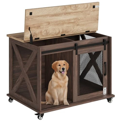 Modern Farmhouse Wooden Dog Crate Furniture with Sliding Barn Door, Turn Top, view 2
