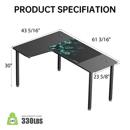 60 Inch Black Corner L Shaped Computer Desk, Home Office Gaming Study Work Writing Table Long Large Sturdy Workstation Simple Modern with Metal Legs, Left Side