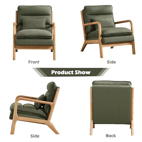 Mid Century Modern Accent Chair, Upholstered Lounge Armchair with Plump Back Pillow, Comfy Reading Chair with Solid Wood Frame for Bedroom Living Room, Green