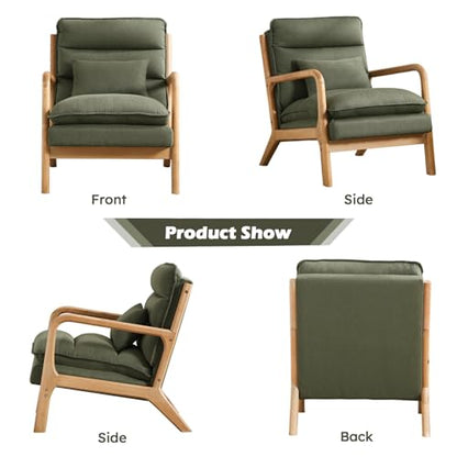 Mid Century Modern Accent Chair, Upholstered Lounge Armchair with Plump Back Pillow, Comfy Reading Chair with Solid Wood Frame for Bedroom Living Room, Green