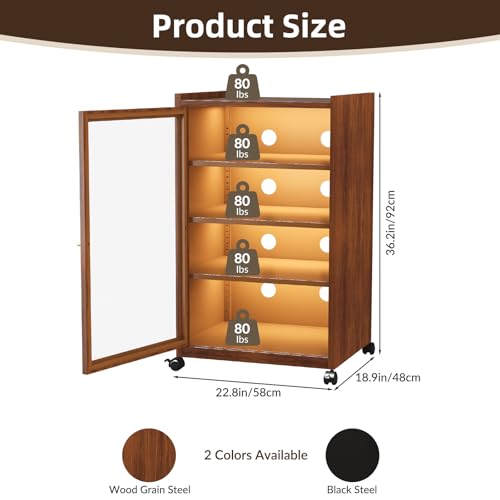 Media Cabinet with LED Lights and Glass Door, Metal Stereo Cabinet Brown, view 3