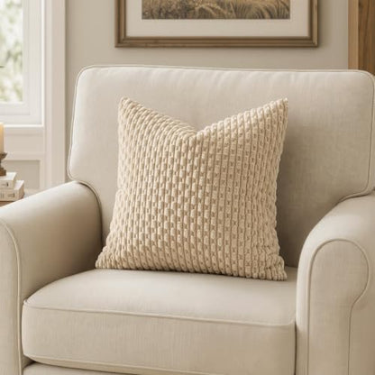 Pack of 2 Decorative Throw Pillow Covers 18x18 Inch Soft Boho Striped Textured Corduroy Pillow Covers Modern Farmhouse Home Decor for Couch Bed Sofa Living Room Beige