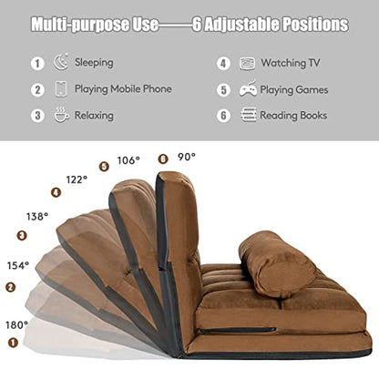 Foldable Floor Sofa, 6-Position Adjustable Lounge Couch with 2 Pillows & Suede Cloth Cover, Modern Lounge Mattress Video Gaming Lazy Couch, Suede Floor Seating Sofa, 71" x 44.5", Beige