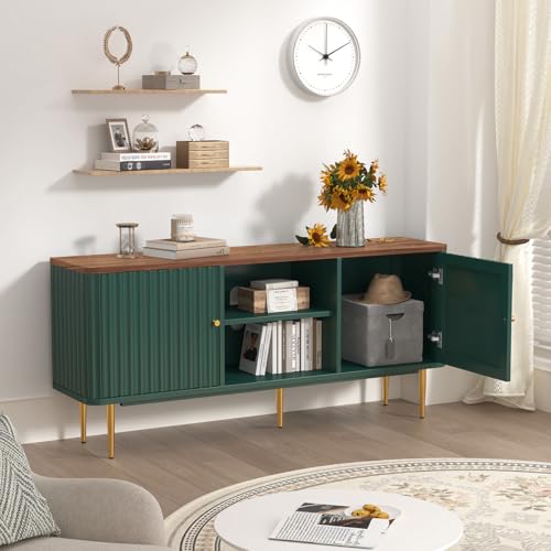 55” Fluted TV Stand, Mid Century Modern Green TV Stand for 55/60/65 inch TV, Entertainment Center with Storage, Television Stands, TV Console, Media Console for Living Room, Bedroom (Green)