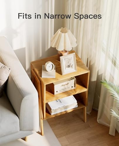 Nightstands Set of 2, Bamboo Stackable Bedside Table, Night Stands with Storage Shelf, Small Bed Side Tables, 2-Tier End Table for Bedroom, Dorm and Small Space Storage (Natural)