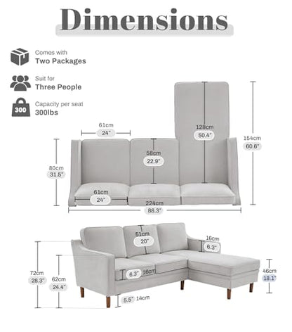 88" L-Shape Sofa, Chenille Sectional Couch, Mid Century Modern Couches with Solid Wood Frame for Living Room Bedroom