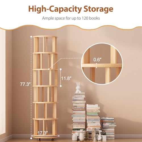 6 Tier Solid Wood Rotating Bookshelf Tower on Wheels, Natural, view 3