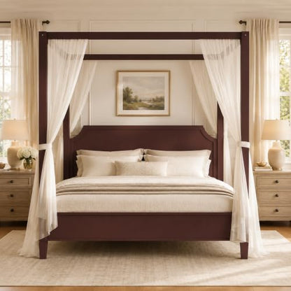 King Size Wooden Canopy Bed Frame Walnut Vintage Rustic, view 2