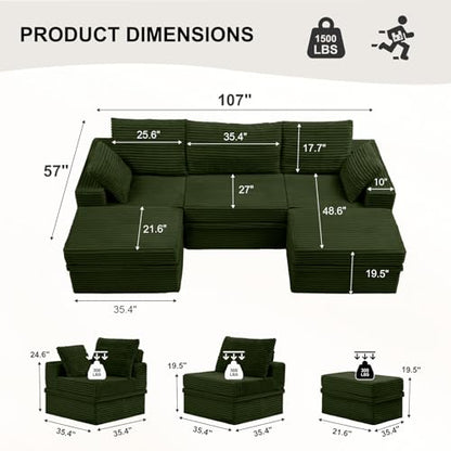 107" Modular Sectional Sofa with Storage, 5-Seater High Density Foam Boneless Couch with Ottoman, 27" Deep Corduroy Oversized Cloud Couch for Living Room, Tool-Free Assembly, Olive Green