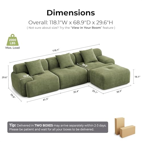 LumiCord Modular Sectional Sofa with Ottoman, 118" L-Shaped Boneless Couch for Living Room, Oversized Deep Seat with Corduroy Upholstery, No Assembly Required, Olive Green
