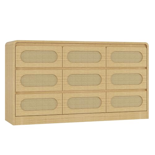 Rattan Dresser for Bedroom, 9 Drawer Dresser with Charging Station, Farmhouse Wood Chest of Drawer with Strong Base, Storage Organizer for Living Room, Hallway, Natural