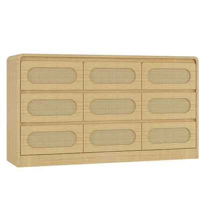 Rattan Dresser for Bedroom, 9 Drawer Dresser with Charging Station, Farmhouse Wood Chest of Drawer with Strong Base, Storage Organizer for Living Room, Hallway, Natural