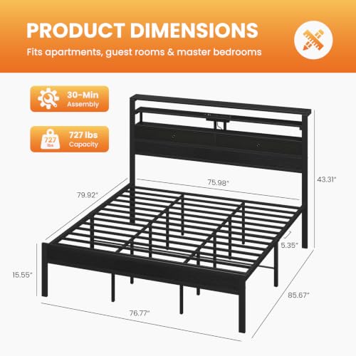 King Size Bed Frame with LED Lights and Charging Station, view 4