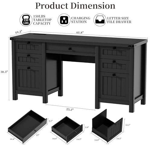 Executive Desk, Modern Farmhouse Computer Desk with Drawers & Cabinet, Home Office Desk for Work Study Writing Workspace (Black, 62")