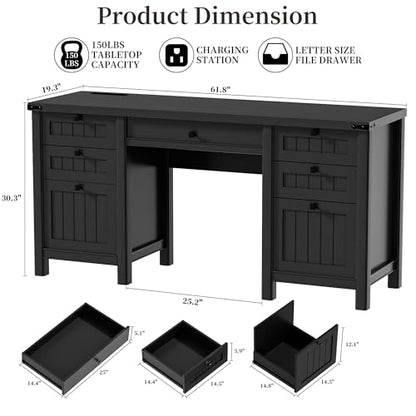 Executive Desk, Modern Farmhouse Computer Desk with Drawers & Cabinet, Home Office Desk for Work Study Writing Workspace (Black, 62")