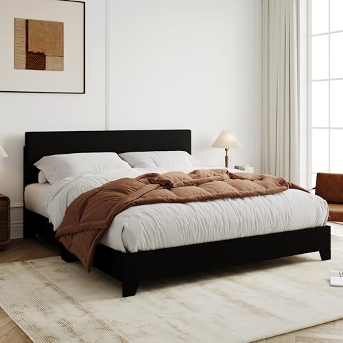 Queen Size Faux Leather Bed Frame, Adjustable Headboard, Black, view 2