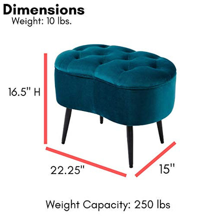 Tufted Oblong Velvet Ottoman - Mid Century Modern Upholstered Foot Rest with Steel Legs - Soft Padded Foot Stool, Accent or Vanity Chair for Living Room, Bedroom or Dorm (Teal)