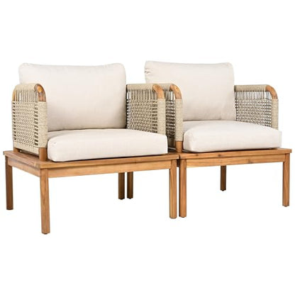 Coby Acacia Wood Patio Accent Chair Set of 2, Acacia Wood Outdoor Club Chair with Cushion, Patio Furniture Set, Teak+Beige