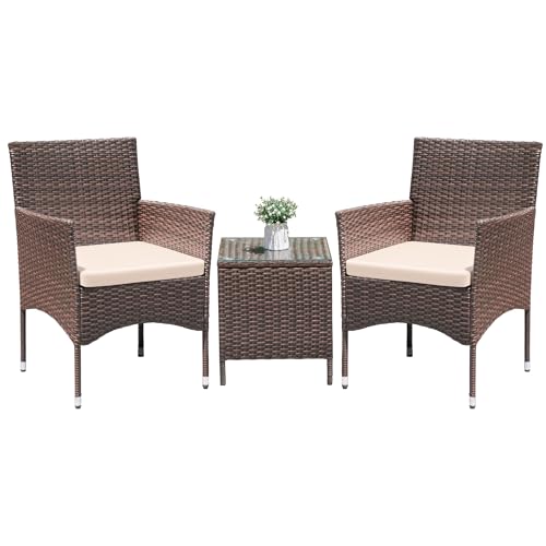 Brown and beige 3 piece rattan patio set with glass table, view 2