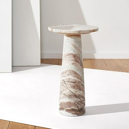 SAFAVIEH Furniture - Valentia Round Marble Accent Table - White & Brown - Marble Top - Glam Stone Pedestal Design - Ideal for Living Room, Bedroom, Entryway, 10"W x 10"D x 17.5"H (SFV9704B)