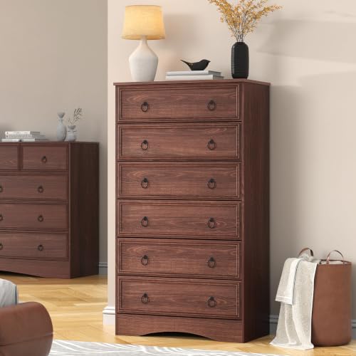 Cherry Wood Dresser 52" Tall for Bedroom, Wood 6 Chest Drawers, 6 Drawer Dresser, view 2